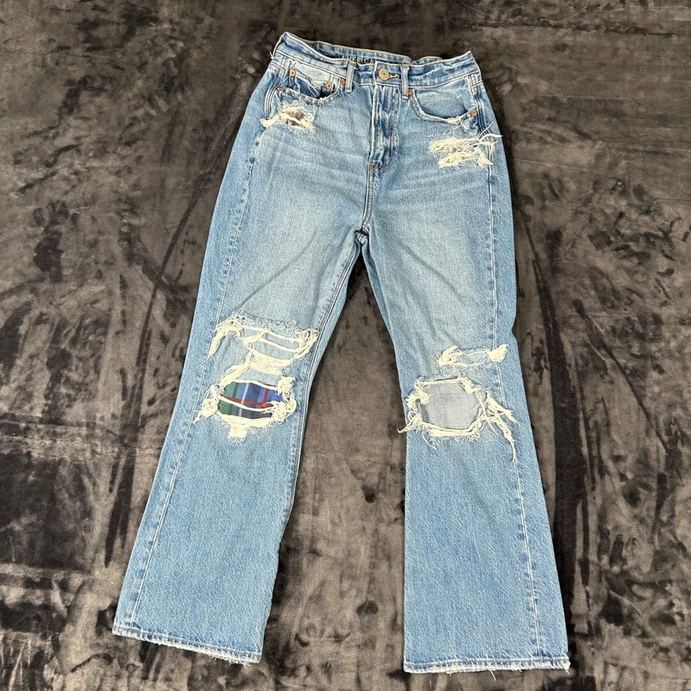 American Eagle 90s Flare Jeans Womens 4 Short‎ Blue Distressed Plaid Backed